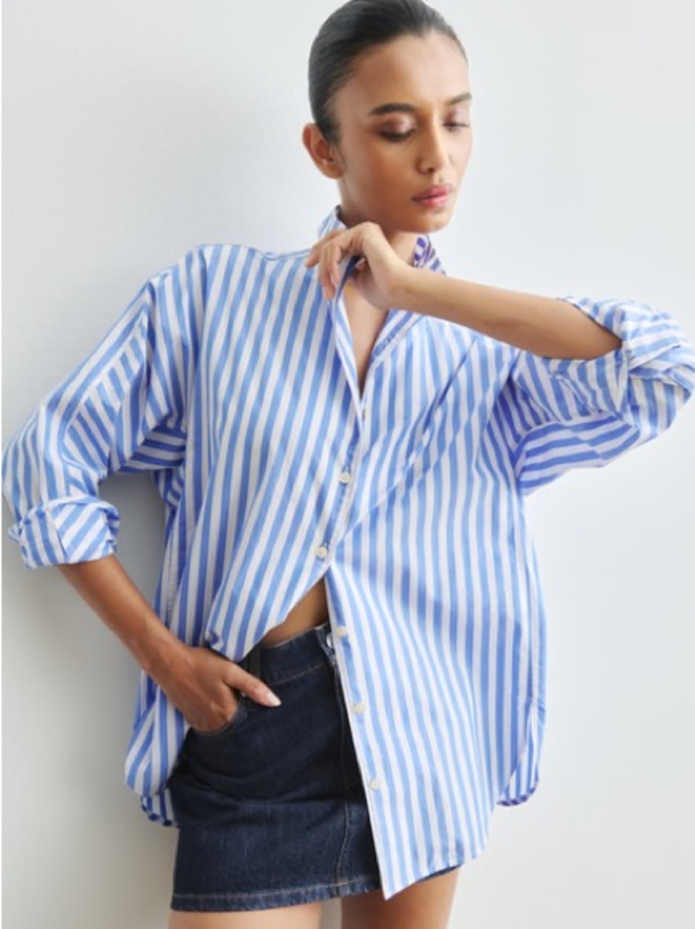 AYR The Tate Stripe Long Sleeve Button Front Shirt Spectator Stripe Blue XL